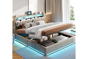 BRILVERDE Letto imbottito 140x200 con Contenitore idraulico, Letto matrimoniale a LED con USB, Funzionale con testiera, Struttura letto con rete a doghe, Velluto (Grigio, 140 x 200 cm)