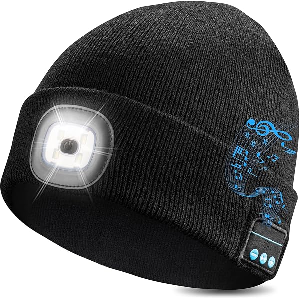ATNKE Berretto Bluetooth con LED Illuminato, USB Ricaricabile Wireless Musicale Cappello da Corsa Ultra Bright 4 LED Impermeabile Lampada Uso per Sci Escursionismo Campeggio Ciclismo (Azzurro