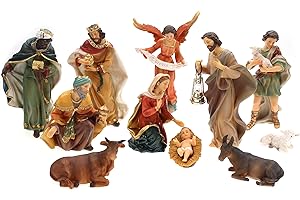 ELLUG Krippefiguren Set 11teilig, Höhe bis zu 19cm Laterne mit Licht, Weihnachtskrippe Figuren Krippenzubehör Weihnachtsdeko, aus Polyresin