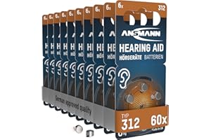 ANSMANN Hörgerätebatterien 312, 60 Stück, Batterien Typ 312 P312 ZL3 PR41, braun, Zink-Luft, Sparpack, Batterien für Hörgeräte & Hörhilfen, 1,45V, Hearing Aid Batteries 312, leicht greifbar