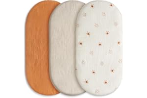 GLLQUEN BABY Baby Mattress Cover, Fitted Sheet, Pack of 3, 100% Muslin Cotton,Oeko-Tex 100,Muslin Bassinet Sheets,Bassinet Cover,Pram Mattress Cover,83 x 43 x 10 cm,Fitted Sheet for Prams, Bassinets（Sun）