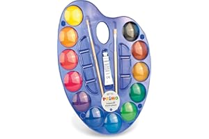 PRIMO Jumbo - Acquerelli per Bambini con 12 Colori per Bambini +5 Anni Acquerellabili Diametro 44 mm + 2 Pennelli per Dipingere + 1 Tubo Tempera Bianca, Kit Tavolozza per Pittura e Lavoretti Creativi