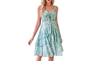 GRACE KARIN Damen Sommer Blumen Freizeitkleid Spaghetti-Träge Bindefront Midi-Kleider