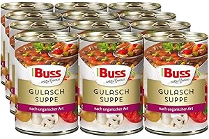 ‎BUSS Buss Klassische Suppen - Herzhafte Gulaschsuppe mit Rindergulasch - Suppe ungarischer Art mit Paprika, Champignons & Zwiebeln - Schnelle Fertiggerichte zum Aufwärmen in Mikrowelle & Topf - 12 x 400g