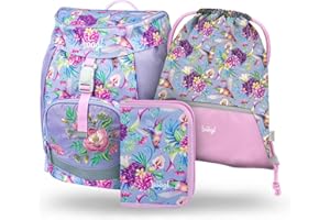 Baagl Schulranzen Mädchen für 1. Klasse, Airy Schultasche Set 3-Teilig, Grundschule Schulrucksack für Kinder, Ranzen für Schule, Tornister (Kolibri)