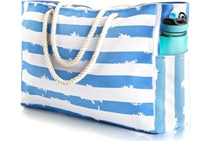 AXERHK Beach Bag, Large Waterproof Beach Bag with Zip, Striped Beach Tote for Women, Reusable Beach Bags for Women, Beach Tote Bag with Zip and Pockets for Picnic Pool Gym Travel Grocery (Blue Strip)
