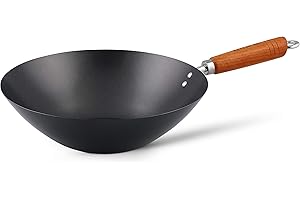 Ken Hom KH331001 Wok Revêtement Antiadhésif Acier au Carbone | 31cm | Classic | Léger avec revêtement anti-adhésif double couche et manche en bois | Ne passe pas au lave-vaisselle | Garantie de 2 ans