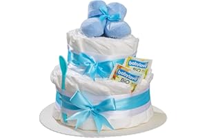 ‎HOMERY Windeltorte Junge 2 stöckig in Blau mit Babysocken, Geschenke zur Geburt für die Mutter, Taufe oder Baby-Party - Geschenkidee mit neugeborene Windeln - Inklusive Glückwunschkarte