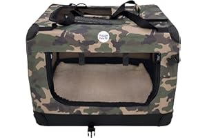 HugglePets Foldable Fabric Pet Crate Carrier - Green Camo (Large 70 x 52cm) Lightweight & Ventilated Double Door Carrier for Dogs & Cats with Sheepskin Mat. Ideal for Home & Travel.