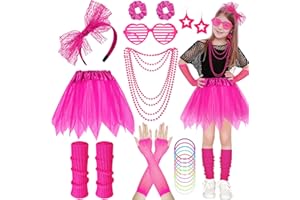 AOPIER 80s Costume Accessories Set for Girls, 21Pcs 1980s Fancy Dress Outfit with Tutu Skirt Fishnet Gloves Pink Leg Warmers Bow Headband Necklace Bracelets Glasses for Kids 1980s Theme Party