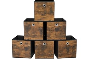 SONGMICS Storage Cubes, Set of 6 Storage Bins with Handle, Oxford Fabric and Non-Woven Fabric Storage Boxes, 26 x 26 x 28 cm, Fit Cube Storage Unit, Foldable, Rustic Brown and Black RFB126B01