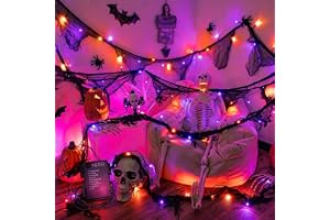 Halloweenljusslinga, 3 m, 30 LED-lampor, orange och lila, med svart gasväv | Ljusslinga halloween med timer 8 lägen IP65 halloween ljuskedja utomhus för halloweendekoration, öppen spis, fönster, trappor