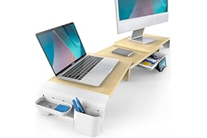 Fenge Supporto Monitor Regolabile in Lunghezza e Angolazione per 2 Monitor Supporto per Monitor in Legno con Cassetto, Scatole Di Stoccaggio Mobili 74-107x 23,5x 8,9cm Colore Quercia G04B1101C