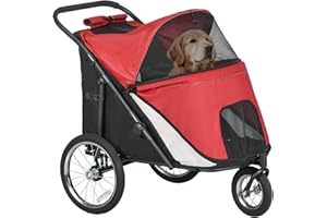PawHut Hundewagen Hundebuggy mit Netzfenstern, Klappbarer Katzenwagen mit Sicherheitsleine, große Gummiräder für Mittelgroße, Große Hunde bis 30 kg, Oxford, Rot