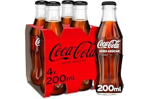 Coca-Cola Zero Azúcar, Refresco de Cola sin Azúcar, sin Calorías - Pack 4 Botellas de Vidrio 200 ml