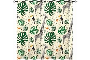 ANHOPE YUANZU Giraffe Curtains - Toucan Tropical Plants Palm Leaves Jungle Safari Animals Print Pattern Eyelet Blackout Thermal Insulated Window Drapes for Bedroom Living Room 2 Panels W117cm x D137cm