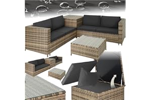 TecTake® Salottino in Rattan, 2 Divani per esterno con Cuscini, 1 Tavolo con Piano in Vetro, 1 Contenitore di Custodia, Salotto da Giardino Esterno, Salottino da Esterno - Naturale/Grigio