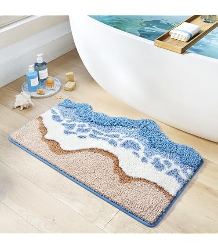 Tapis De Bain Antidérapant DEXI - Dimensions 61 X 110 Cm, Motif Plage/étoile De Mer | Très Absorbant, Lavable En Machine, Pour Salle De Bain Et Cuisine