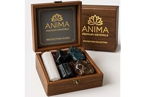‎ANIMA Anima Premium Schutz-Heilsteine Set – Große Rohsteine Obsidian, Schwarzer Turmalin, Labradorit, Rauchquarz & Selenit-Stab für Schutz & Erdung – Holz-Geschenkbox & Begleitheft enthalten