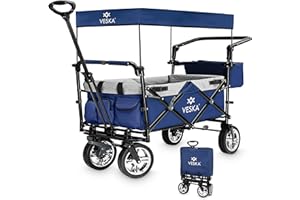 ‎VESKA Bollerwagen faltbar mit Dach, Moskitonetz, Regencover, Handwagen Transportwagen | 2 Sitzer, Gurtsystem | klappbar | Vollgummi-Reifen | bis 80 kg | Vorder- und Hinter-Bremse + Tragetasche (blau)