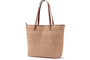 KALIDI Straw Tote Beach Bag Striped Shoulder Handbag Stitch Woven PU Leather Handle Zipper Closure Inner Pocket Travel Shopping Picnic