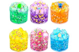 JAMDESDW 6 Pack Jelly Cube Crunchy Slime Kit, with Yellow, Pink, Purple, Green & Blue Clear Crunchy Slime, Super Soft Sludge Toy with Cute Charms, Valentine Party Favors Slime for Girls and Boys