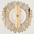 Evevda Placemats for Dining Table Set of 6 Gold Round Hollow Out Table Mats Pressed Metallic Vinyl Plastic Place Mats Table Decoration for Holiday Wedding Accent Centerpiece(Gold Flower)