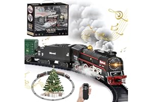 CIRMINE Train électrique télécommandé de Noël, Ensemble de Jouets avec 3 Sorties de fumée, lumière et Son, Locomotive, Wagons, télécommande et Rails, décoration sous Le Sapin, Cadeau pour Enfants dès 3 Ans