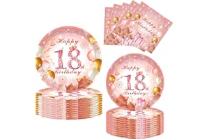 POPOYU 52Pcs 18th Paper Plates and Napkins Rose Gold,16 Guests Pink and Gold 18th Birthday Party Tableware Paper Plates and Napkins Set for Women 18th Birthday Gifts,Birthday Party Decorations Supplies