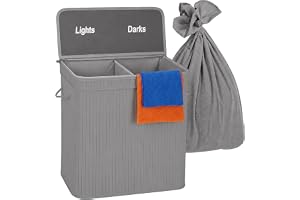 Relaxdays Tvättkorg med lock, 2 fack, bambu, 100 l, vikbar, H x B x D: 60 x 52 x 32 cm, tvättsorteringssystem