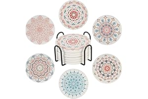 STARUBY Drink Coasters Set of 6 Ceramic Coaster Beautiful Absorbent Coaster Drink Mat with Cork Base Flower Patterns Round Coaster Non Slip for Coffee,Beer,Mug,Wine Glass Bottle,Home and Bar