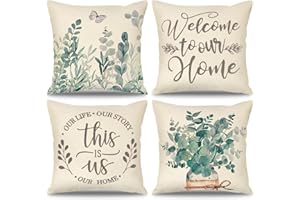 Weldomcor Decorative Cushion Cover 18x18 inch Set of 4 Throw Pillow Covers Mordern Bohemian Pillow Cases Decorations for Patio Garden Porch Bench Sofa (Eucalyptus Leaves, 45x45 cm)