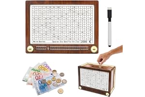 AIVORO Spardose Sparbox mit Ziel, Spardose Holz, Wiederverwendbare Spardose mit 500€ 1000€ 3000€ 5000€ Aufkleber und Wasserlösliche Marker, Hilft Gute Spargewohnheiten zu Entwickeln