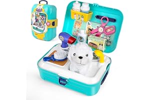 WISPLYE Jouet Vétérinaire Enfant, Kit Veterinaire Jeu de Rôle Play avec Peluche Chien Jeux D'imitation pour Toilettage, Nourrir et Soigner Le Chien, Sac À Dos Cadeau pour Enfants Garçons Filles 3 4 5 6 Ans