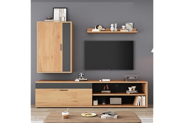 DUlVBPE 140 x 35 x 39 cm TV-vardagsrumsvägg set (komplett uppsättning, 3 st), mediavägg inkl. TV-bräda, stående hylla och vägghylla, TV vardagsrumsmöbler set, modernt TV-skåp, stående och hängande