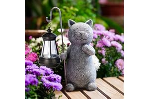 GOODECO Solar Cat Statue Garden Ornament with Lantern - Weatherproof Outdoor Grey Figurine for Patio, Balcony, Fairy Gardens | 19.5cm Unique Gift for Women/Men/Mum (Birthday, Christmas)