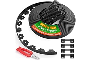 Graxury 5cm de Haut 12m Bordure de Jardin sans Creuser avec 60 Piquets en Plastique 20cm, 4 Connecteurs et Cisailles – Kit pour Jardin, Pelouse, Massifs de Fleurs et Cour