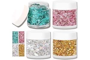 HERBENJOY Face Glitter Festival Accessories, 4 Colour Chunky Glitter, Gel Based Festival Glitter for Face, Body, Hair, No Glue Needed Body Glitter, Cosmetic Glitter for Stage,Halloween,Party,Beauty