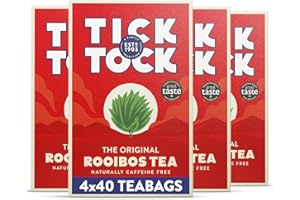 Tick Tock Rooibos Teabags, Caffeine-Free Tea, Pack of 4 x 40 Tea Bags (160 Teabags), Naturally Sweet Herbal Tea, Biodegradable, Rooibos UK, Redbush Tea Bags- 4 Pack