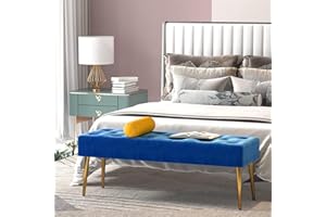 HOOSENG Velvet Bench Ottoman Upholstered Bedroom Benches Entryway Bench with Crystal Button Tufted Padded Soft Kitchen Bench for Living Room Bedroom, Gold Metal Legs, 110x37x45cm, Dark Blue