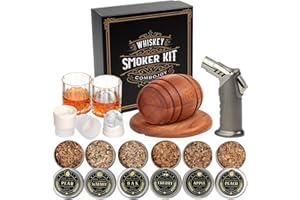 ComboJoy Kit Affumicatore per Whisky Cocktail con Torcia - 6 Aromi Scaglie Legno, 2 Bicchieri, 2 Cubetti Ghiaccio Silicone - Set Whisky Idee Regalo Compleanno Uomo Lui Papà Fidanzato (Senza Butano)