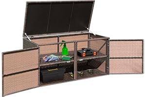 TANGZON 2-Tier Garden Storage Box, 2-Way Opening Rattan Deck Box Chest with Flip-Top Lid, Outdoor Weatherproof Storage Organiser with Metal Frame for Toy Cushion Poolside Patio Balcony (Brown)