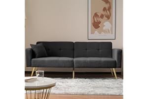 KECDUEY Divano letto con funzione letto, divano a 2 posti, angolo regolabile, gambe dorate, con cuscino e tasche laterali (grigio scuro)