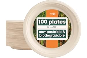 HAAGO 100 Platos Compostables de Caña de Azúcar, 26 cm / 10" – Platos de Cartón Resistentes, Anti-Grasa y a Prueba de Fugas – Biodegradables & Desechables para Fiestas, Navidad, Bodas & Cumpleaños