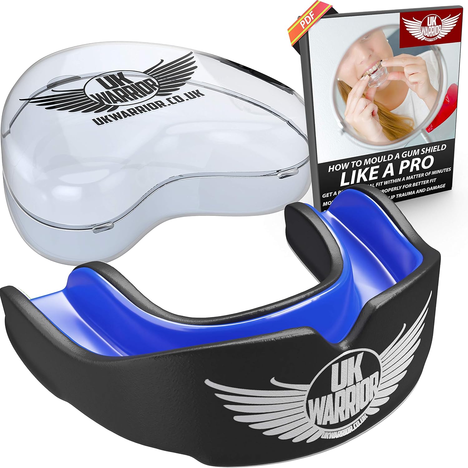 Protector bucal de UK Warrior, de goma, ideal para deportes de contacto, artes marciales, kárate, rugby, artes marciales mixtas, boxeo, hockey, fútbol, estuche, instrucciones para hervir y morder (idioma español no garantizado)
