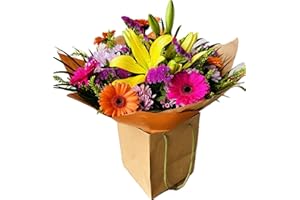 MORNING FLOWERS Good Vibes Fresh Flowers Bouquet Delivery Bunch of Blooms for Birthday, Anniversary, Valentine and Mother's Day, Featuring cerise Gerbera flowers, sunny yellow lilies, charming Pink chrysanthemums