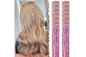 ‎FESHFEN FESHFEN Clip in Hair Tinsel, 12 Stück Pink Glitzer Haarsträhnen Kit Glitzersträhnen FesteParty Haartinsel Haarverlängerungen Fairy Hair für Mädchen, 50 cm