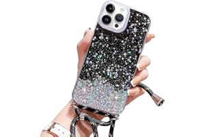 Wirvyuer Handykette Hülle für iPhone 15 Pro Handyhülle mit Kordel Glitzer Schutzhülle mit Band zum Umhängen Halskette Silikon Case mit Schnur für iPhone 15 Pro Schwarz