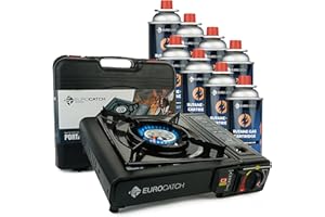 Eurocatch Outdoor - Réchaud à gaz - incl. 8 cartouches de gaz - Réchaud de camping - Brûleur à gaz - Cuisinière à gaz - Plaque de cuisson à gaz - Cuisinière - Mallette de transport