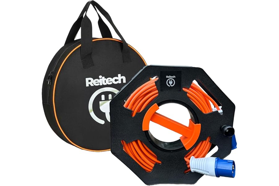 Camping Caravan Hook Up Cable with Cable Tidy Reel & Cable Bag – 25m/15m 16A 240V Outdoor Mains Extension Lead – Heavy Duty Camping & Caravan Accessories